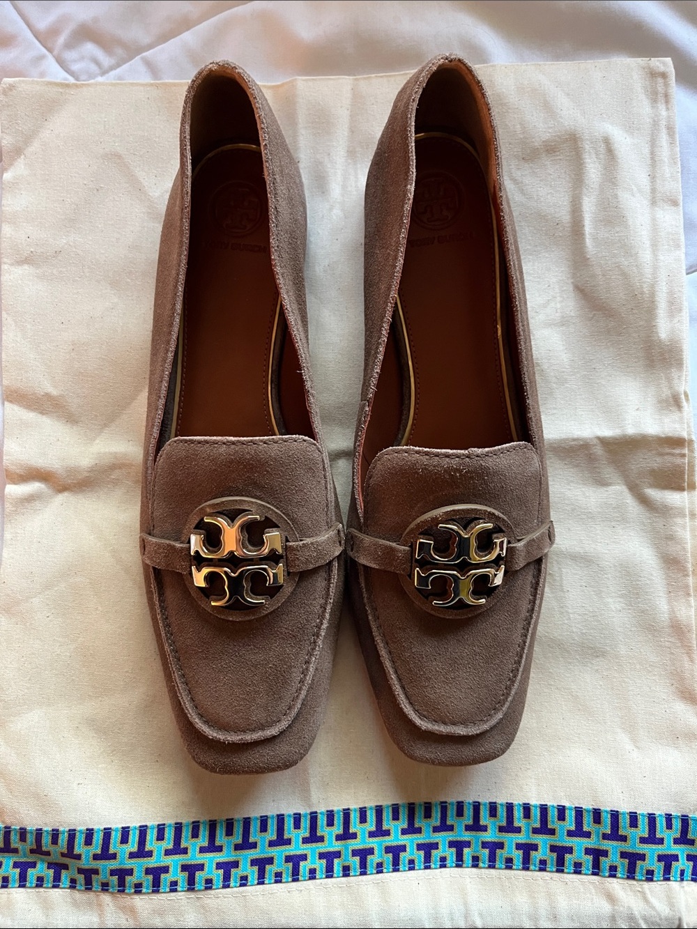 New Tory Burch Brown Suede Loafers with Gold Logo Medallion